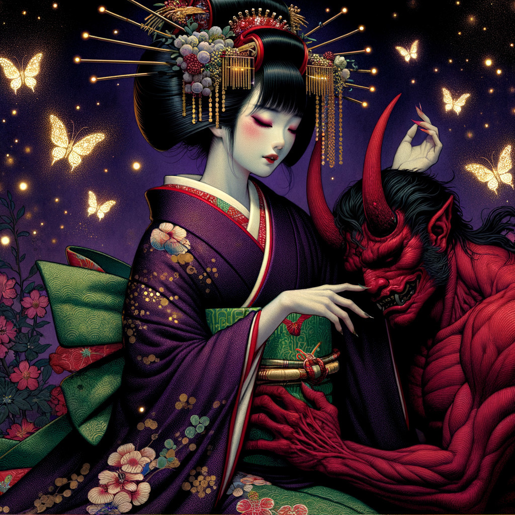 Woman in Kimono Beside Red Demon in Fantasy Scene