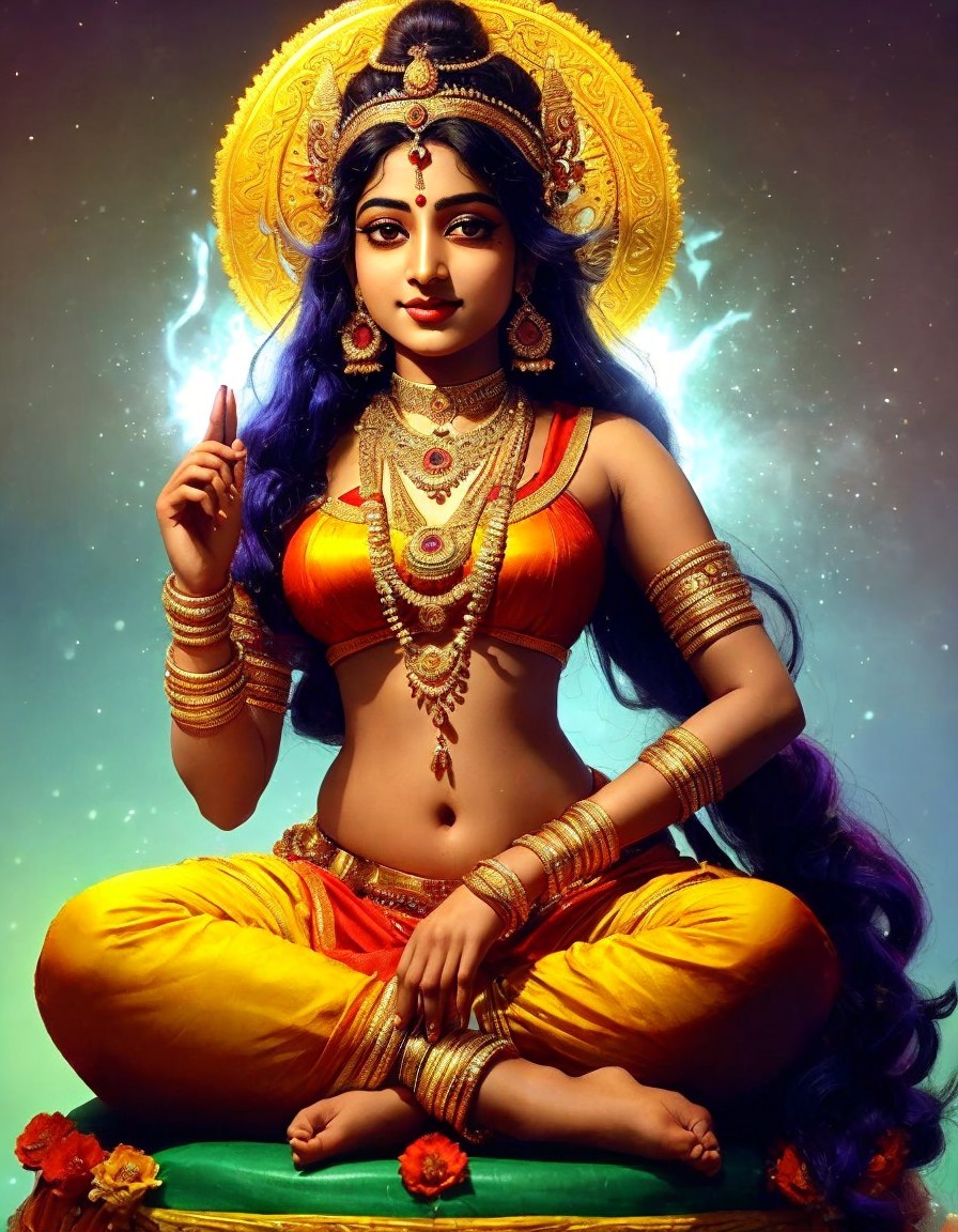 Vibrant deity with blue skin in traditional attire against cosmic backdrop