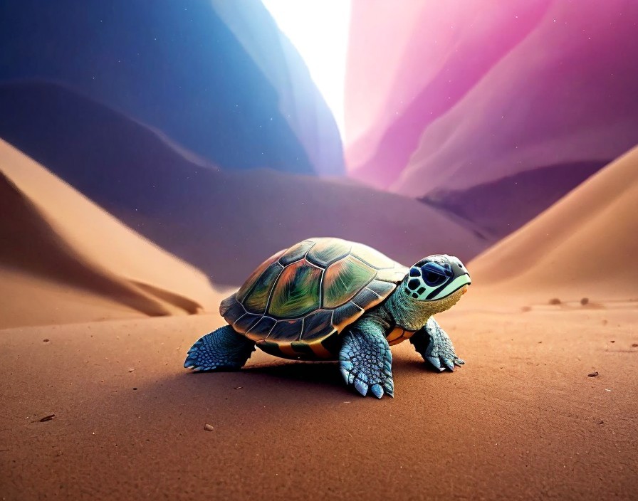 Colorful Turtle Walking on Desert Sand with Blue Limbs