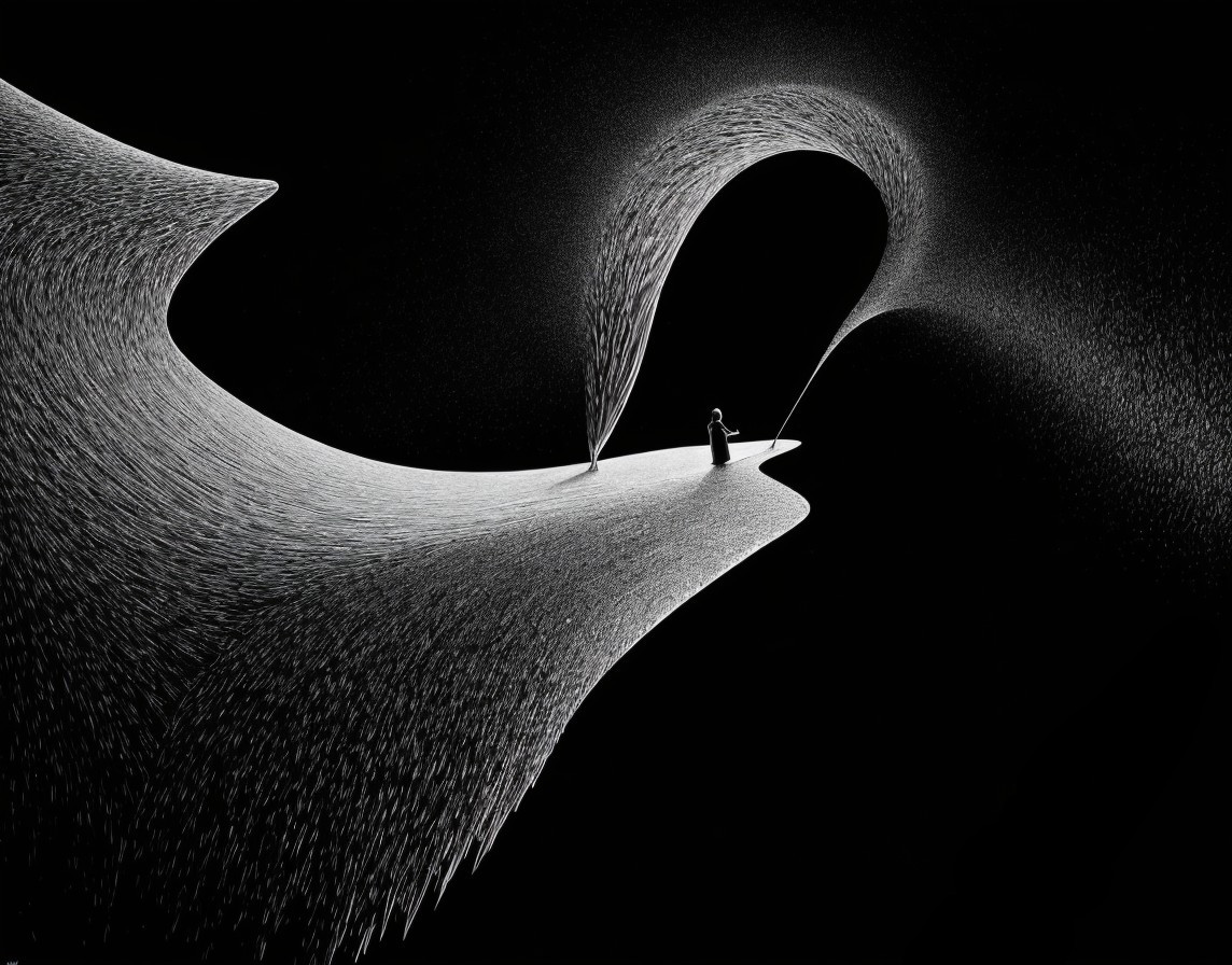 Surreal Black and White Landscape with Flowing Lines