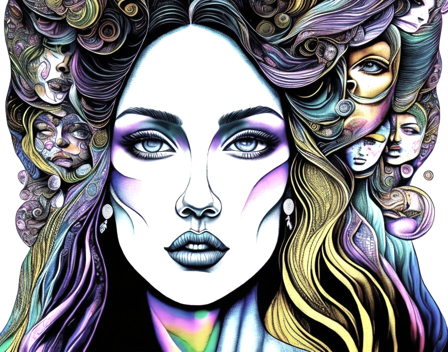 Illustration of a woman with colorful flowing hair and faces