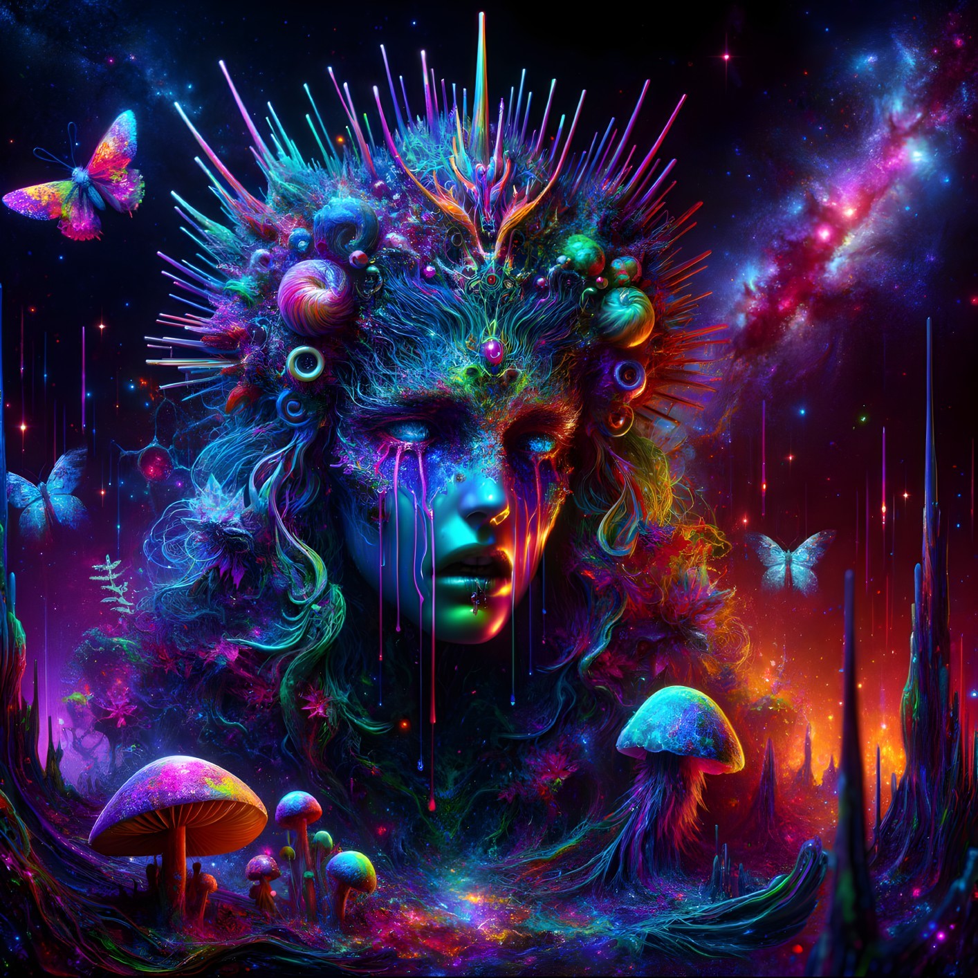 Surreal Ethereal Figure in Vibrant Cosmic Landscape
