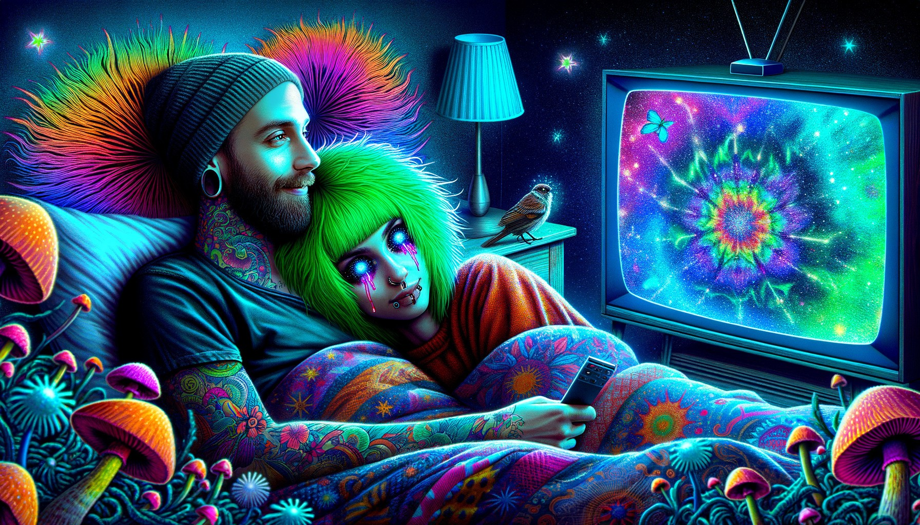 Vibrant couple watching psychedelic explosion in neon-toned room