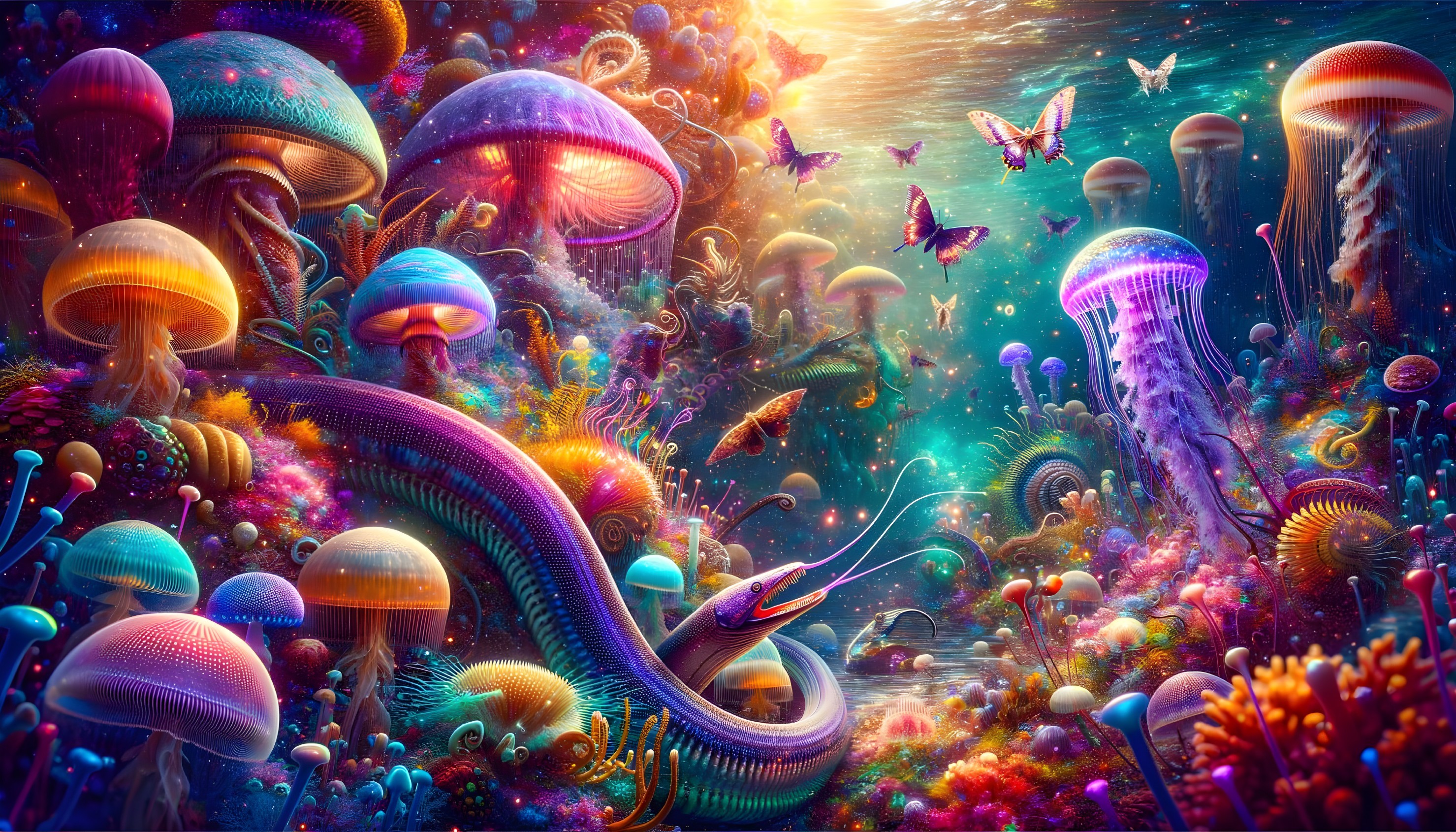 Vibrant Underwater Scene with Jellyfish and Sea Serpent