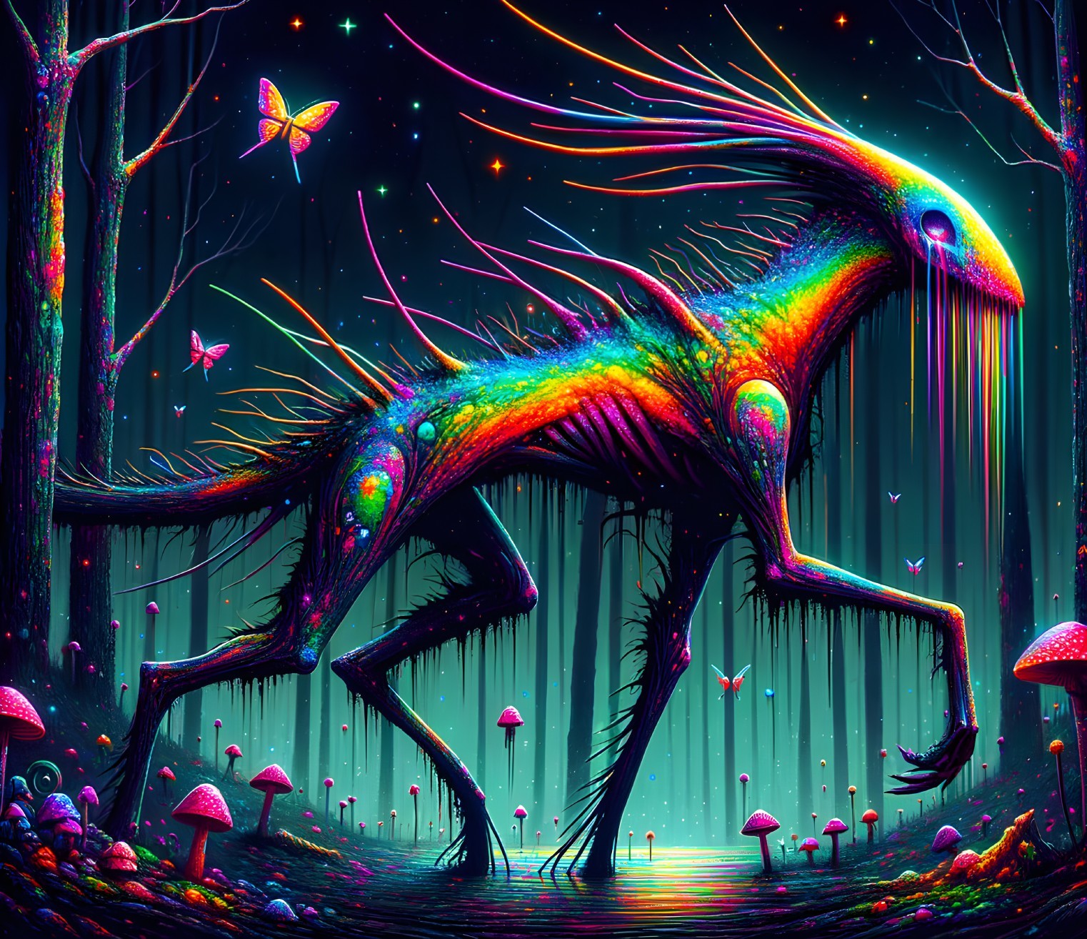 Mythical Creature in Enchanted Forest with Glowing Mushrooms