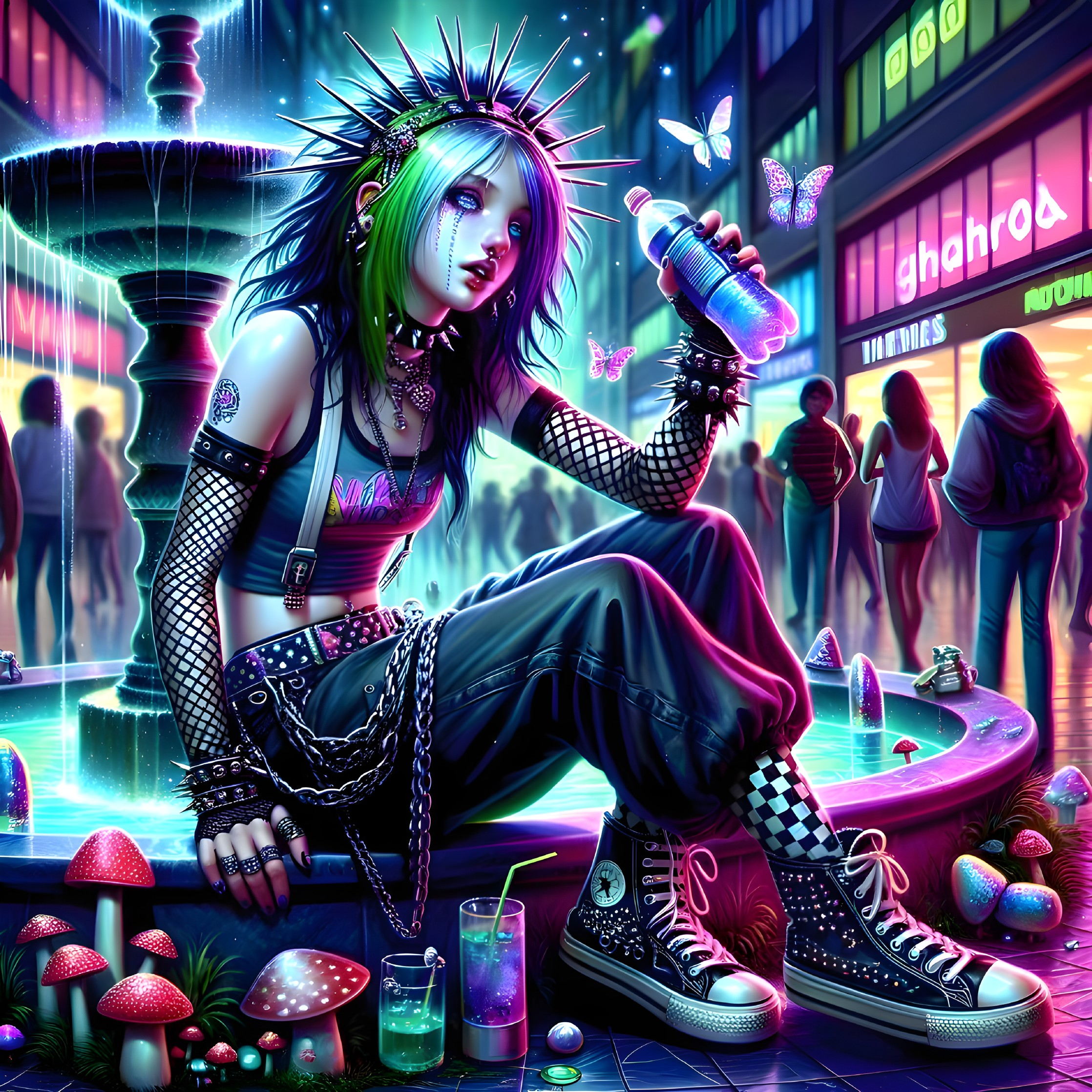 Vibrant Urban Scene with Punk Character and Neon Lights