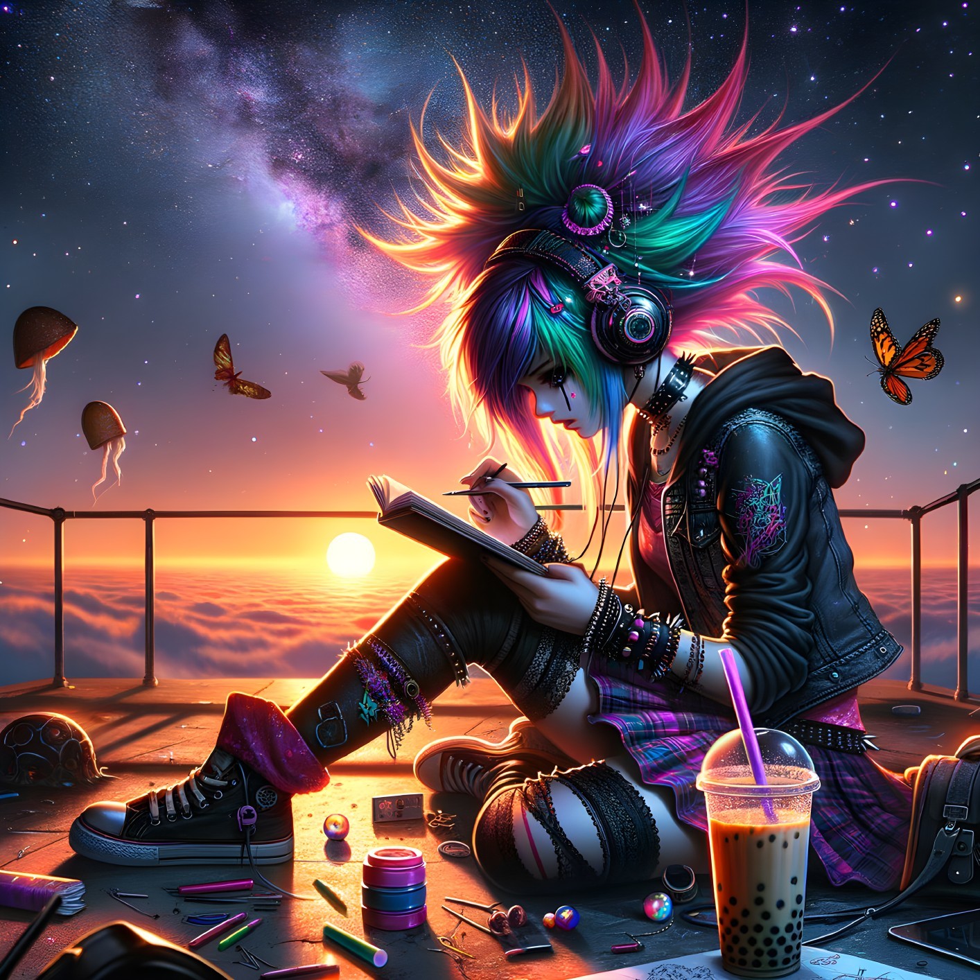 Colorful Character Writing on Rooftop at Sunset