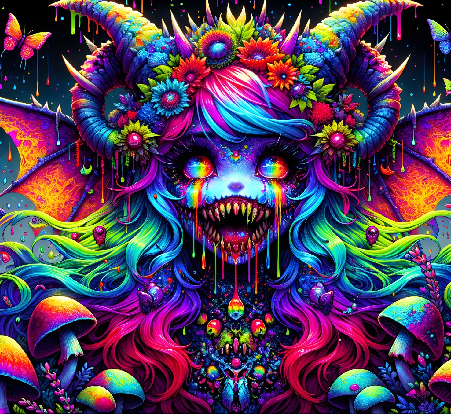 Psychedelic Creature with Floral Horns and Patterns