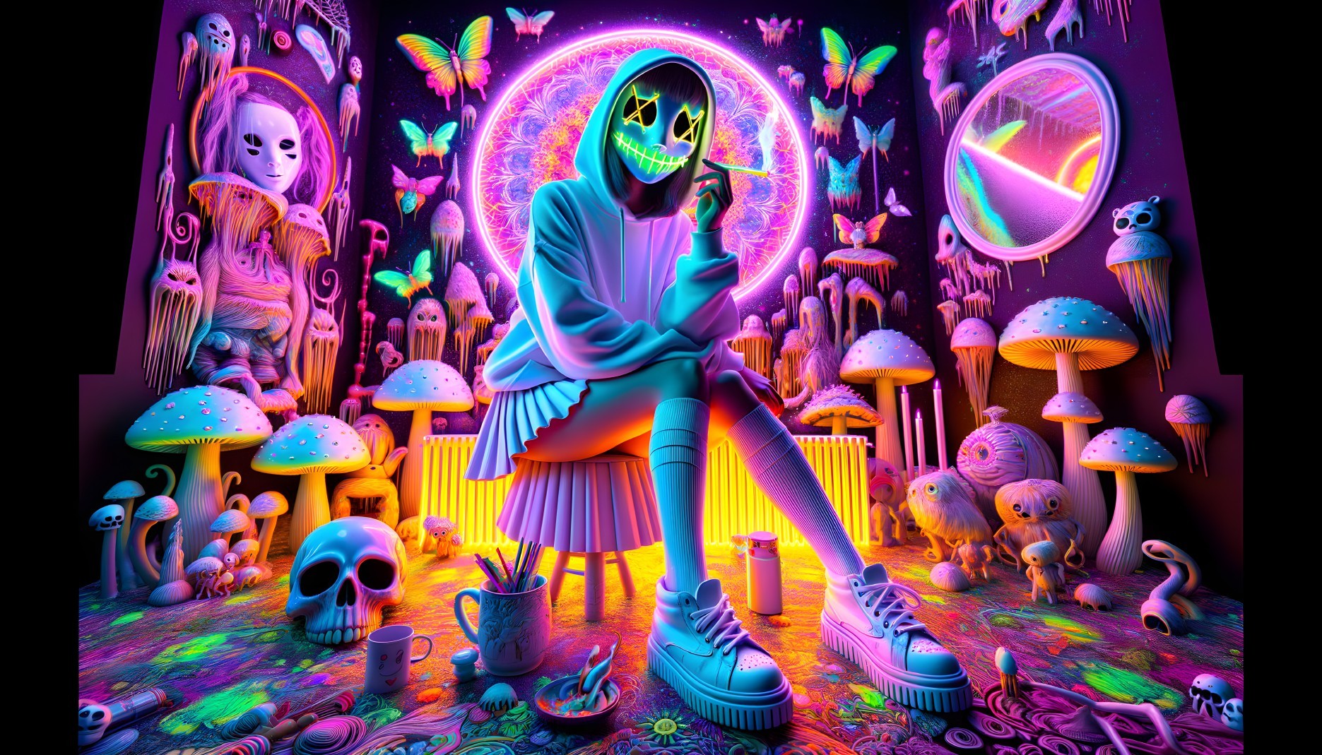 Surreal Scene with Hooded Figure in Colorful Room