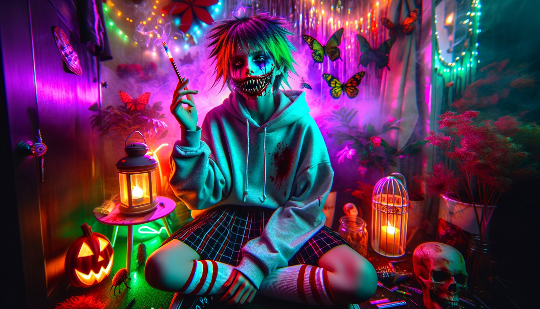 Neon-lit Cozy Space with Eerie Decorations and Lanterns