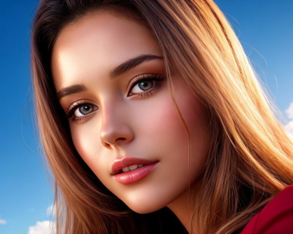 Woman with Clear Skin and Brown Eyes Against Blue Sky