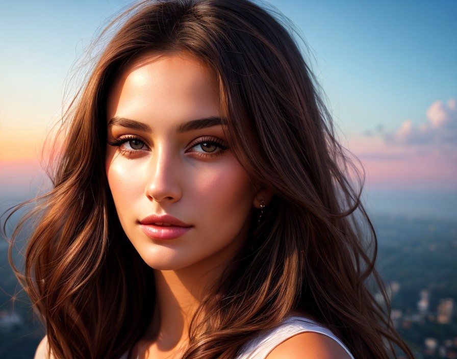 Brown-haired woman gazing with cityscape and sunset background