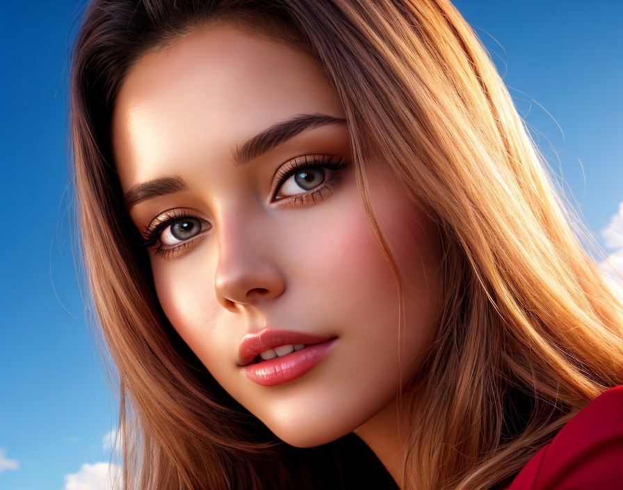 Woman with Clear Skin and Brown Eyes Against Blue Sky