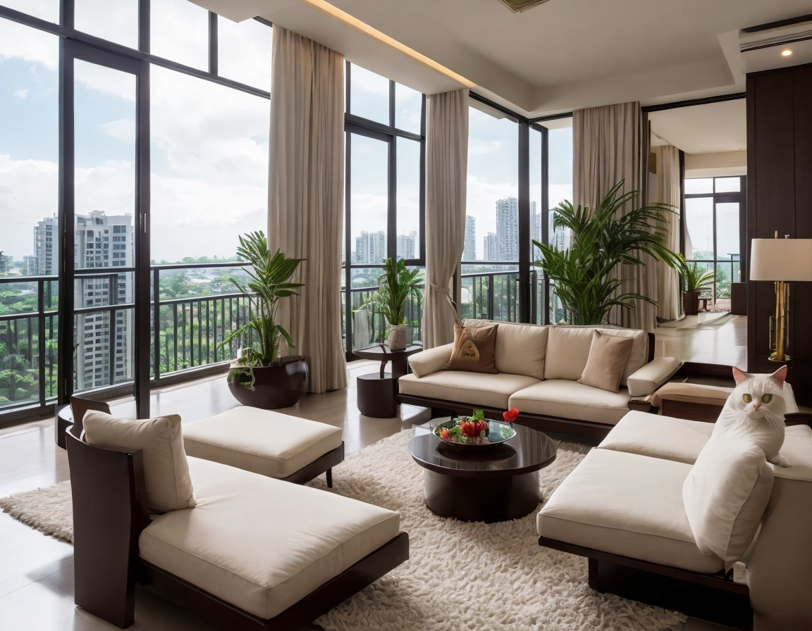 Modern Spacious Living Room with City View and Plants