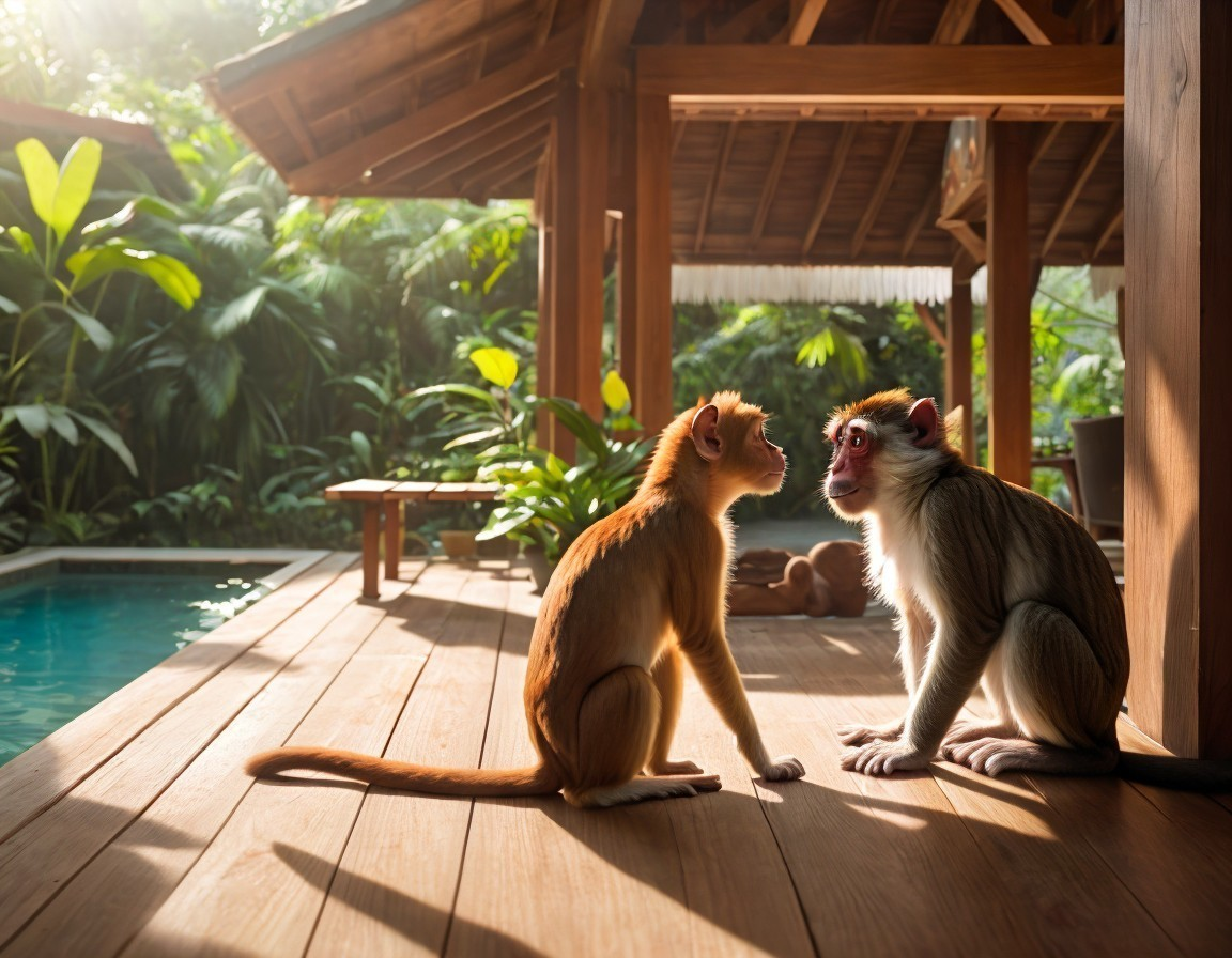 Two monkeys interacting on a wooden deck near a pool in a lush tropical setting