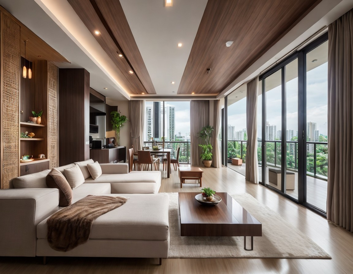 Modern living room with large windows and sectional sofa