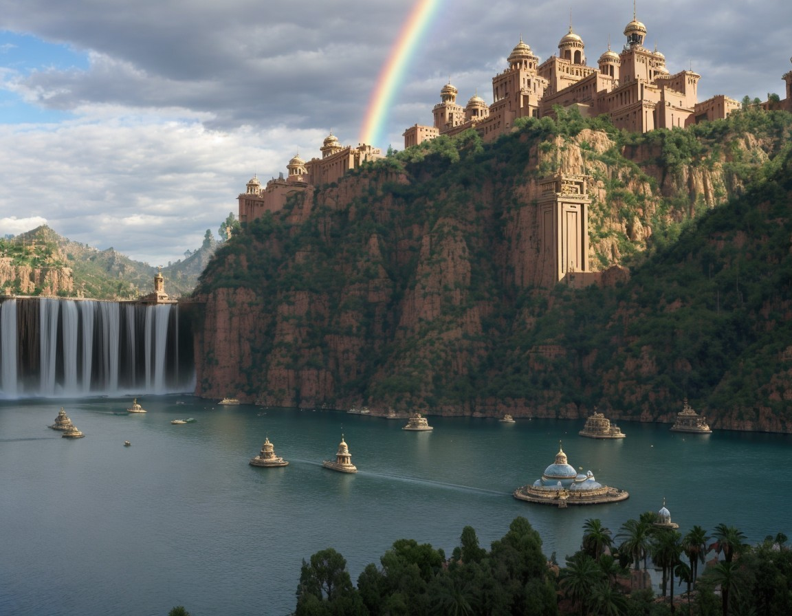 Cliff-top palace with waterfall, lake, and rainbow