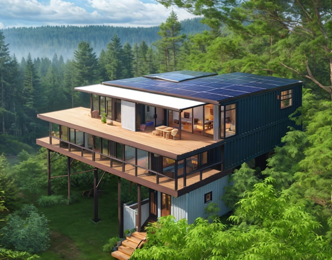 Contemporary container house: solar panels, stilted in forest, wooden deck