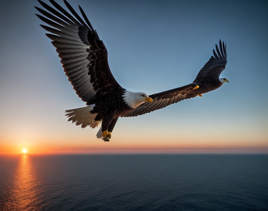 Majestic bald eagle flying over ocean at sunset
