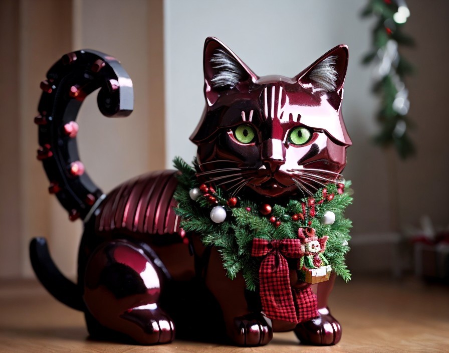 Striped Cat Ceramic Figurine with Christmas Wreath and Tree Background