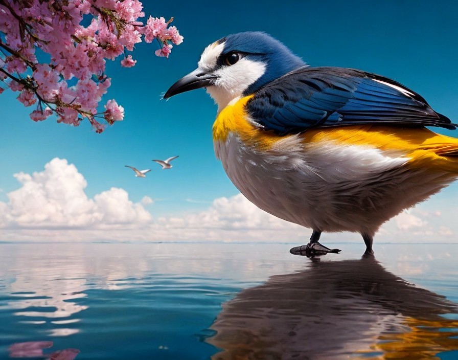 Colorful bird near water with cherry blossoms and flying birds in scenic landscape