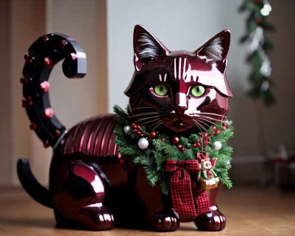 Striped Cat Ceramic Figurine with Christmas Wreath and Tree Background