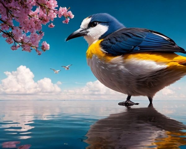 Colorful bird near water with cherry blossoms and flying birds in scenic landscape
