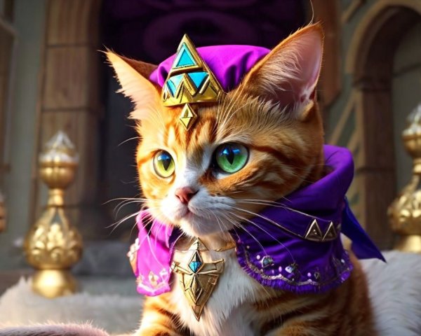 Orange Tabby Cat in Regal Purple Garment and Crown in Luxurious Room