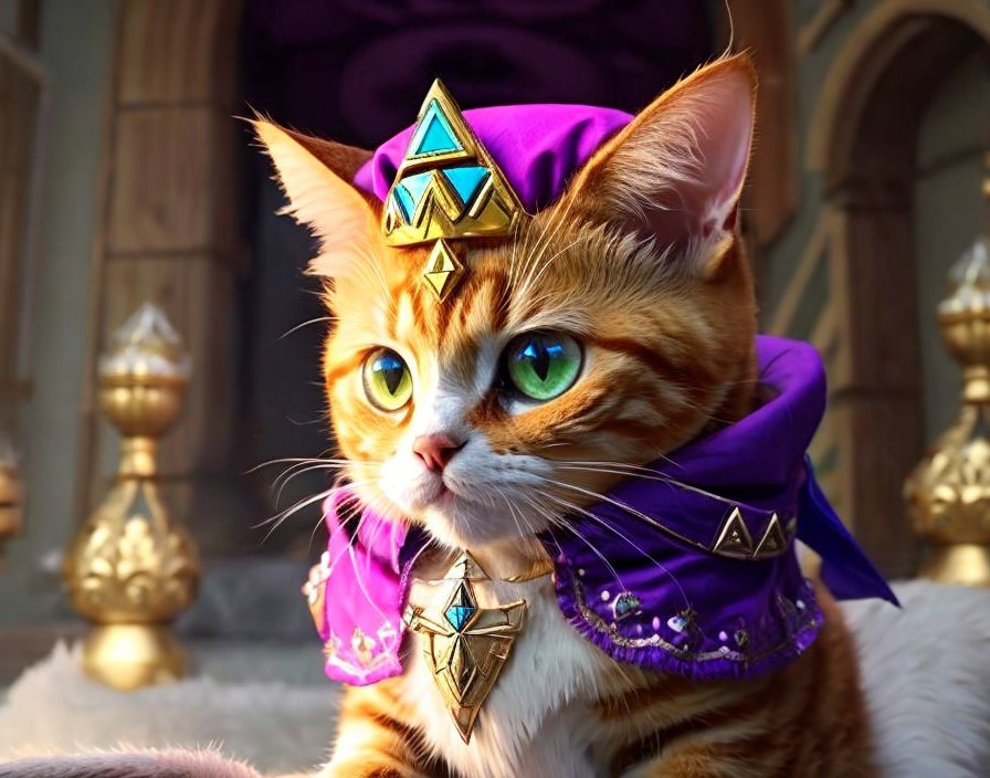 Orange Tabby Cat in Regal Purple Garment and Crown in Luxurious Room
