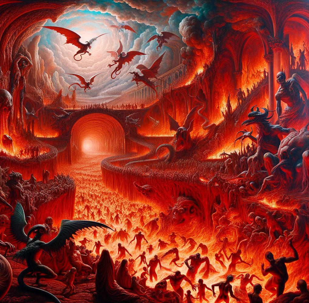 Fantastical fiery landscape with dragons, mythical creatures, and human figures amid swirling clouds.