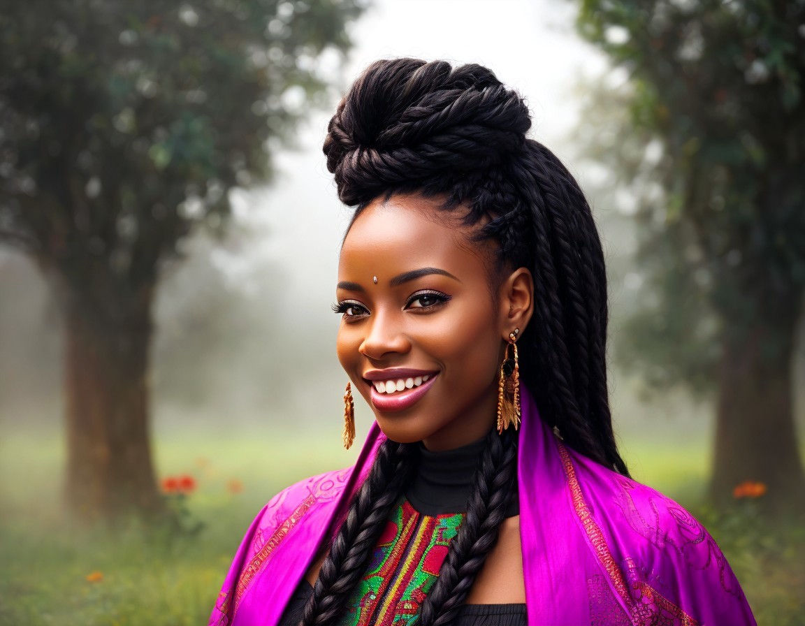 Smiling woman with elaborate braid in pink garment and gold earrings