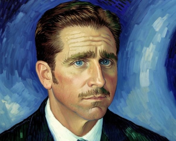 Solemn man portrait with mustache and blue eyes on swirling blue background