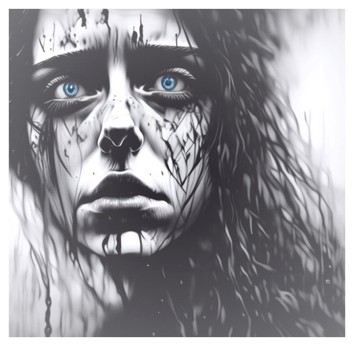 Black and white portrait of a woman with blue eyes