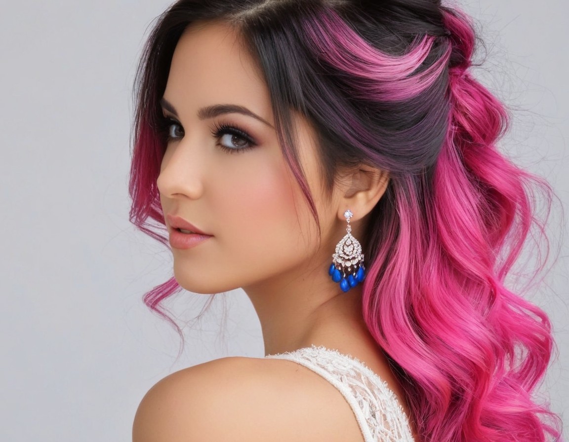 Vibrant pink hair woman with blue earrings on grey background