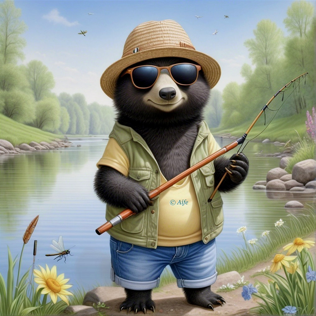 Cartoon Bear by Serene River in Fishing Outfit