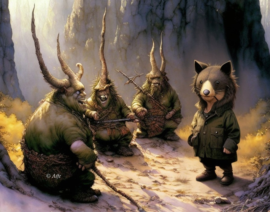 Anthropomorphic Wolf Faces Horned Creatures in Forest