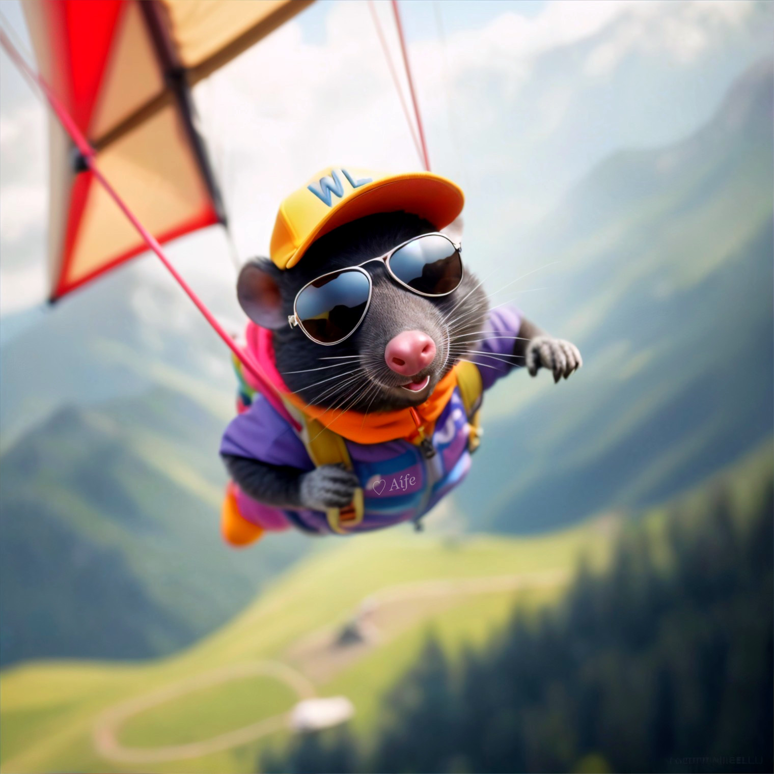 Cartoon Rat Paragliding Over Scenic Mountain Landscape