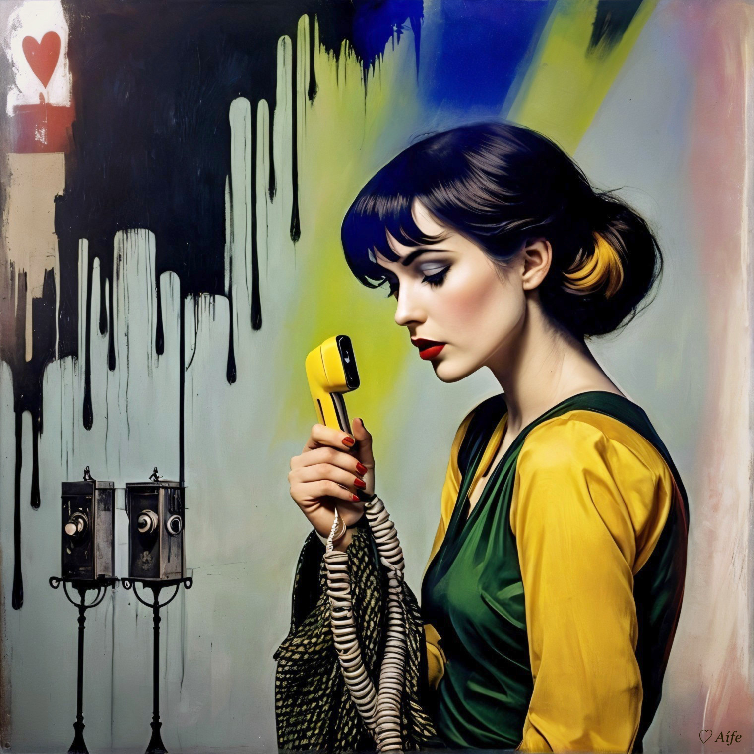 Glamorous Woman with Vintage Yellow Telephone and Colors