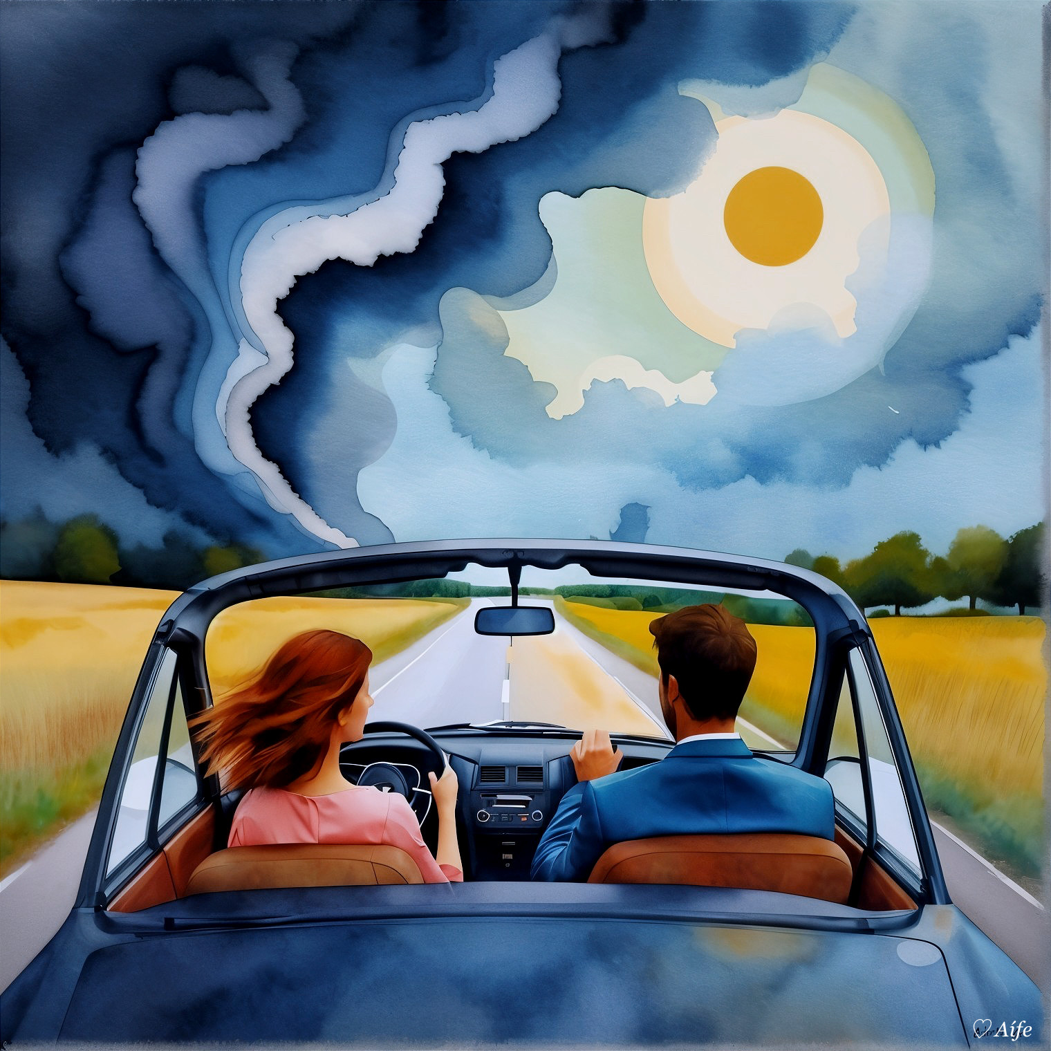 Couple in Convertible on Scenic Road with Dramatic Sky