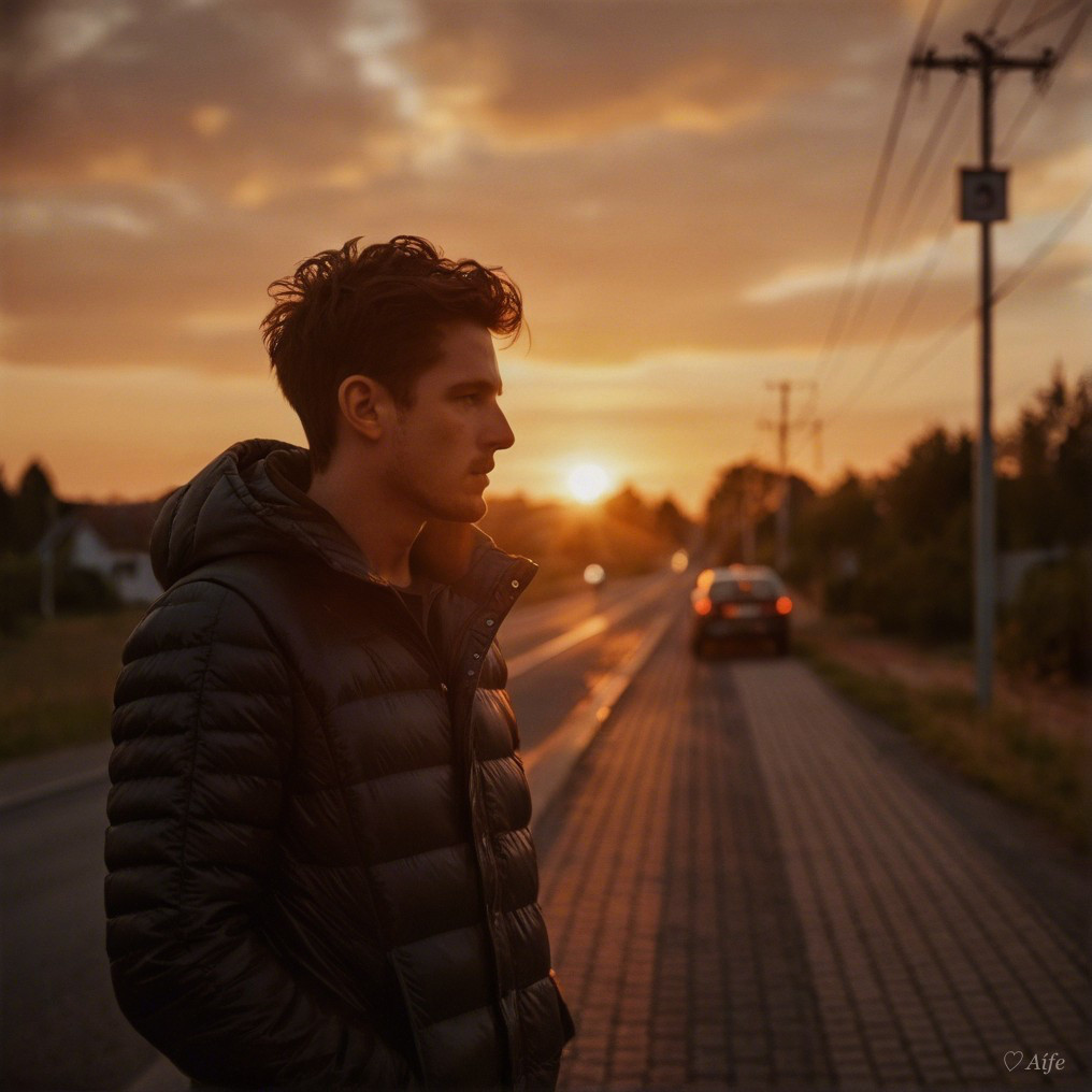 Young man in black jacket by roadside at sunset