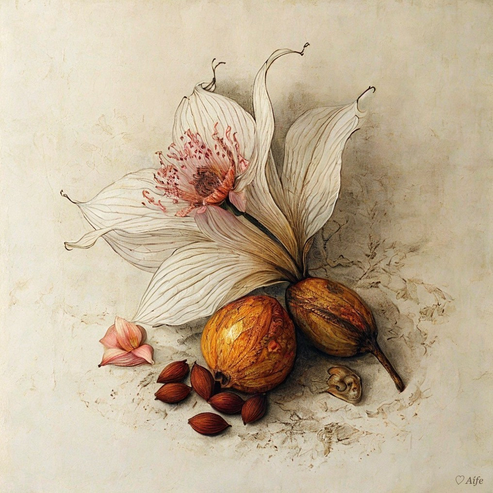 Delicate Flower with Pink Center and Earthy Fruits