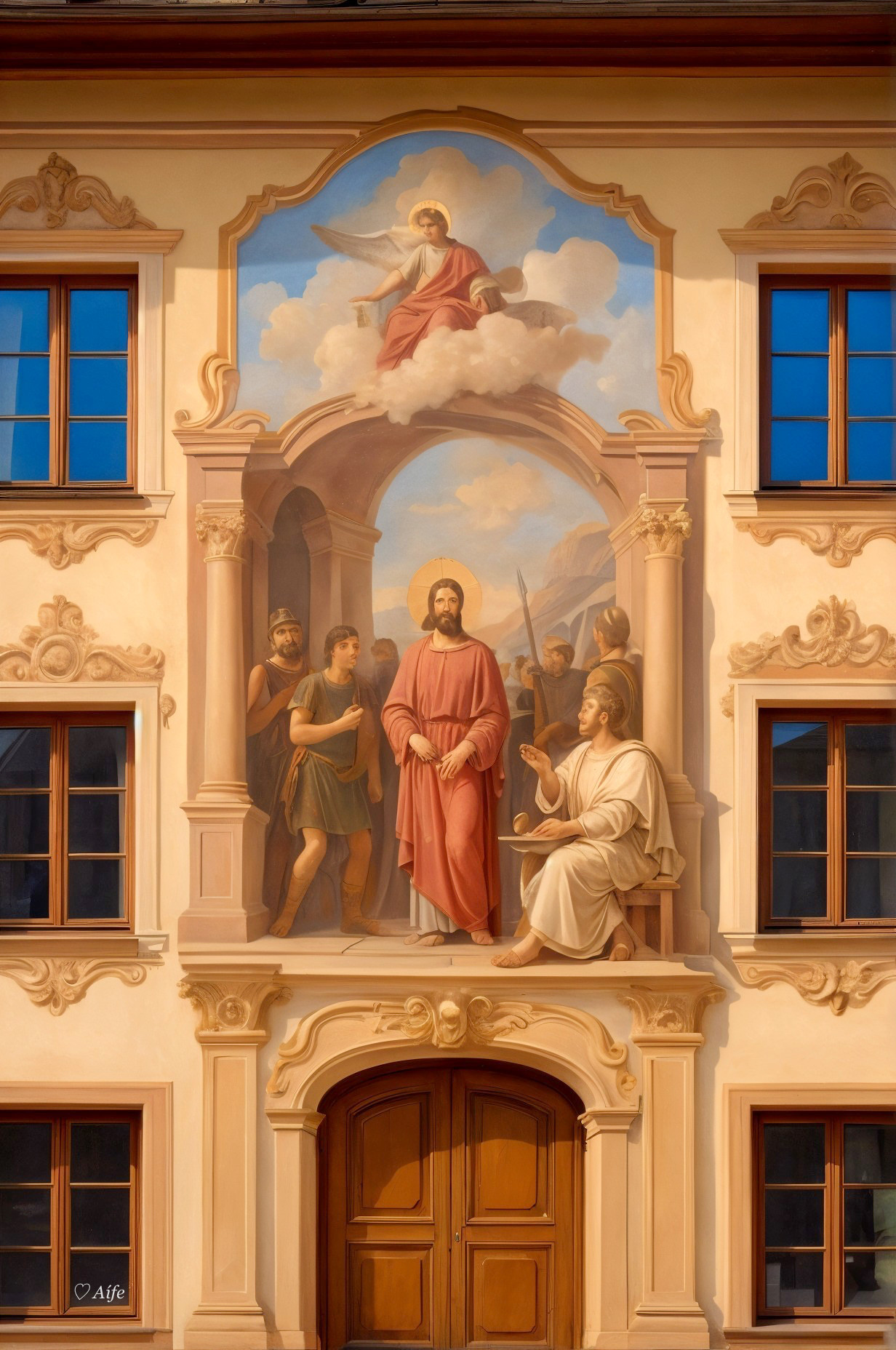 Ornate Mural Depicting Biblical Scene on Building Façade