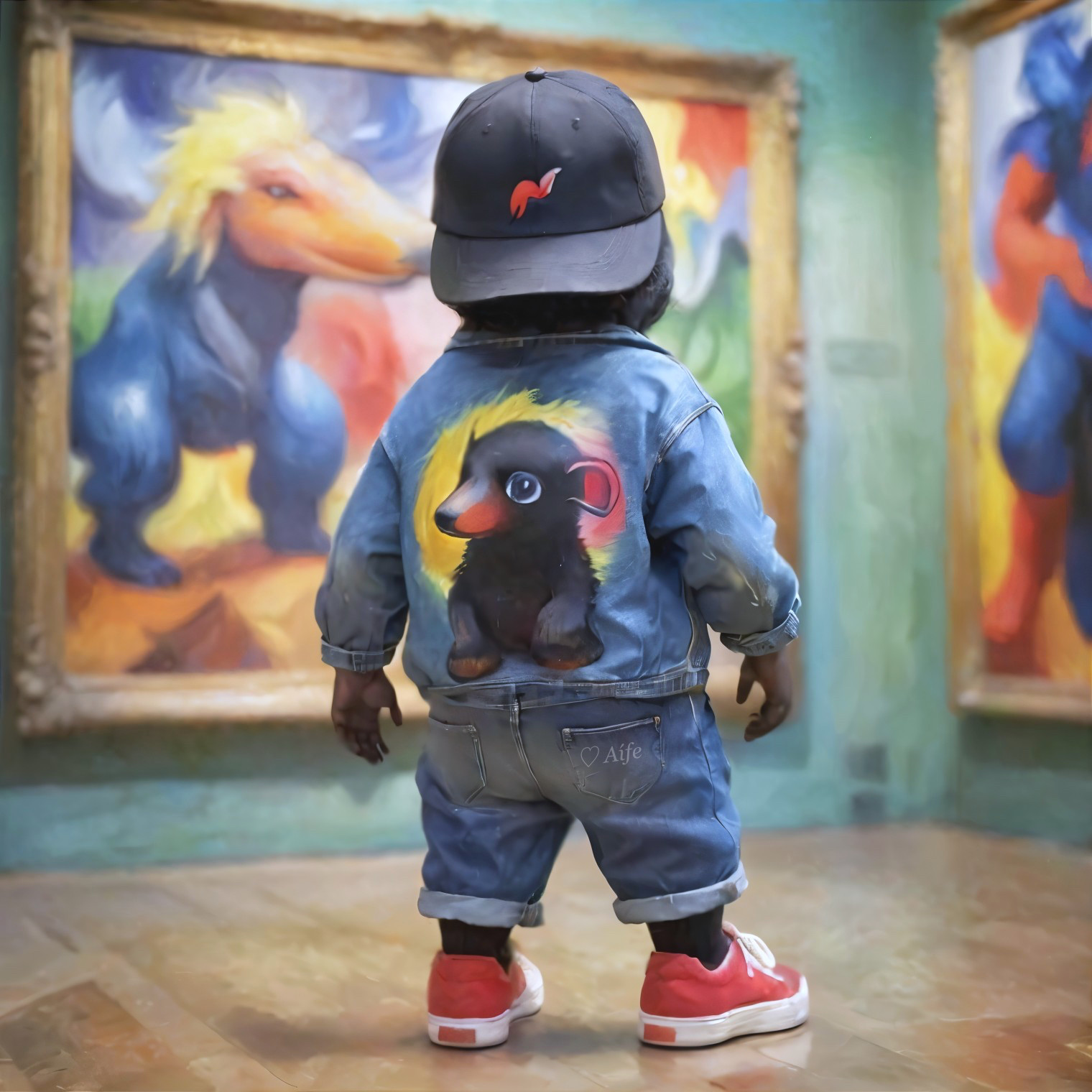 Child in Art Gallery with Colorful Animal Paintings