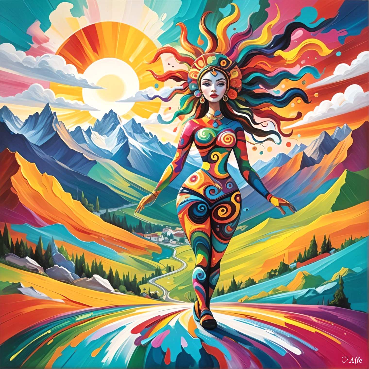 Vibrant Surreal Landscape with Colorful Nature Figure