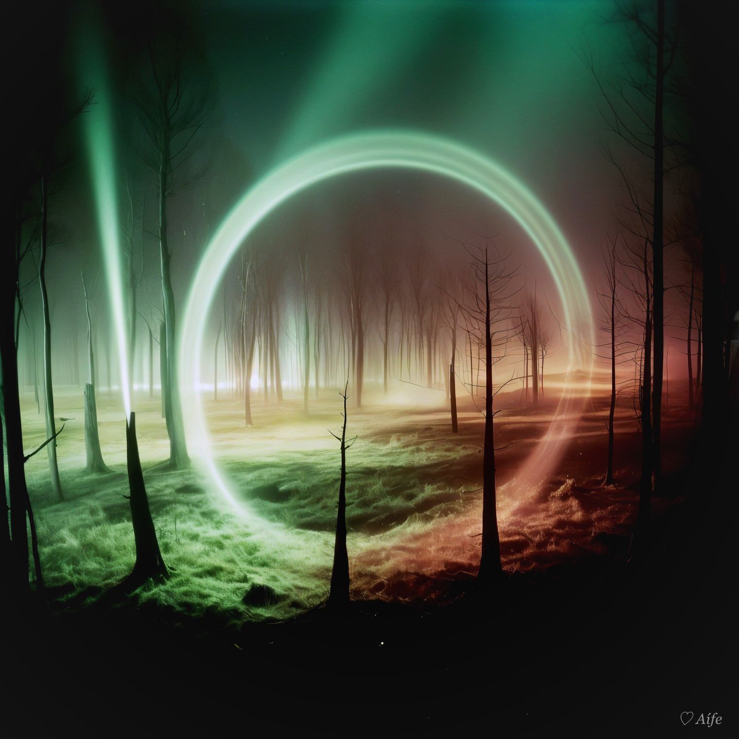 Misty Forest with Eerie Silhouettes and Ethereal Glow