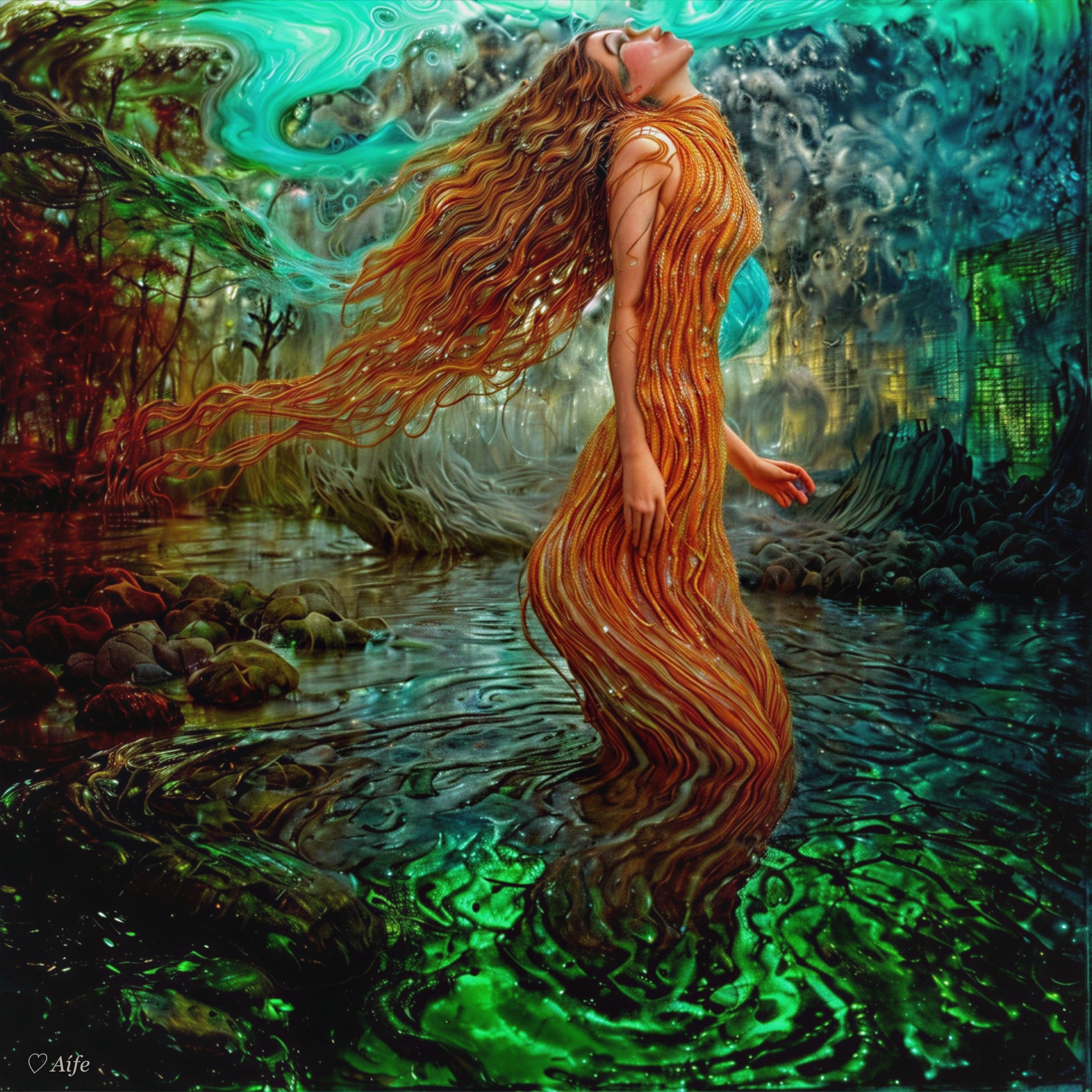 Mystical figure in shimmering waters with vibrant backdrop