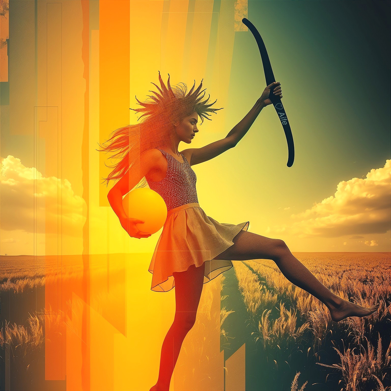 Silhouette of a girl with boomerang at sunset
