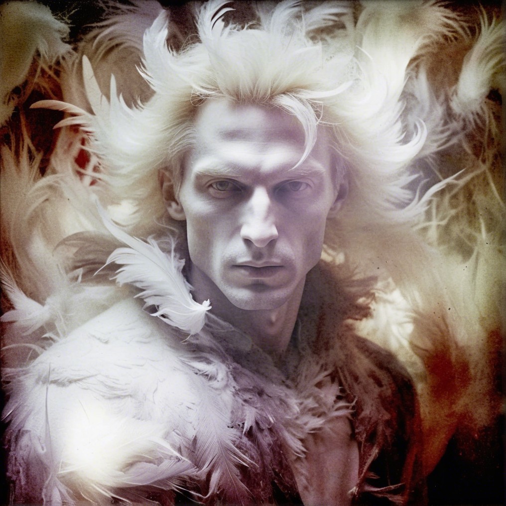 Surreal Figure with Feathers and Dreamlike Lighting