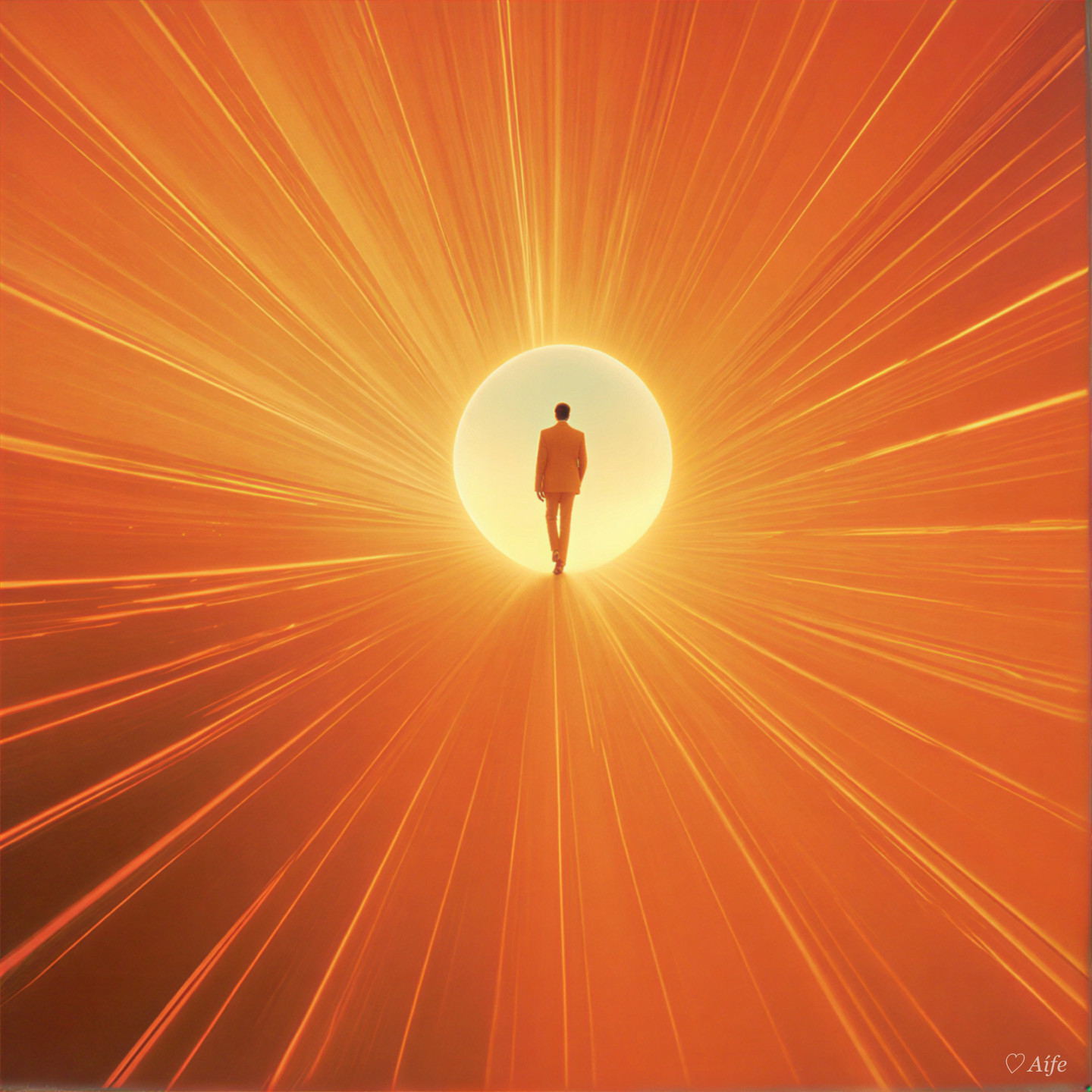 Solitary Figure Approaching a Vibrant Sun-like Orb