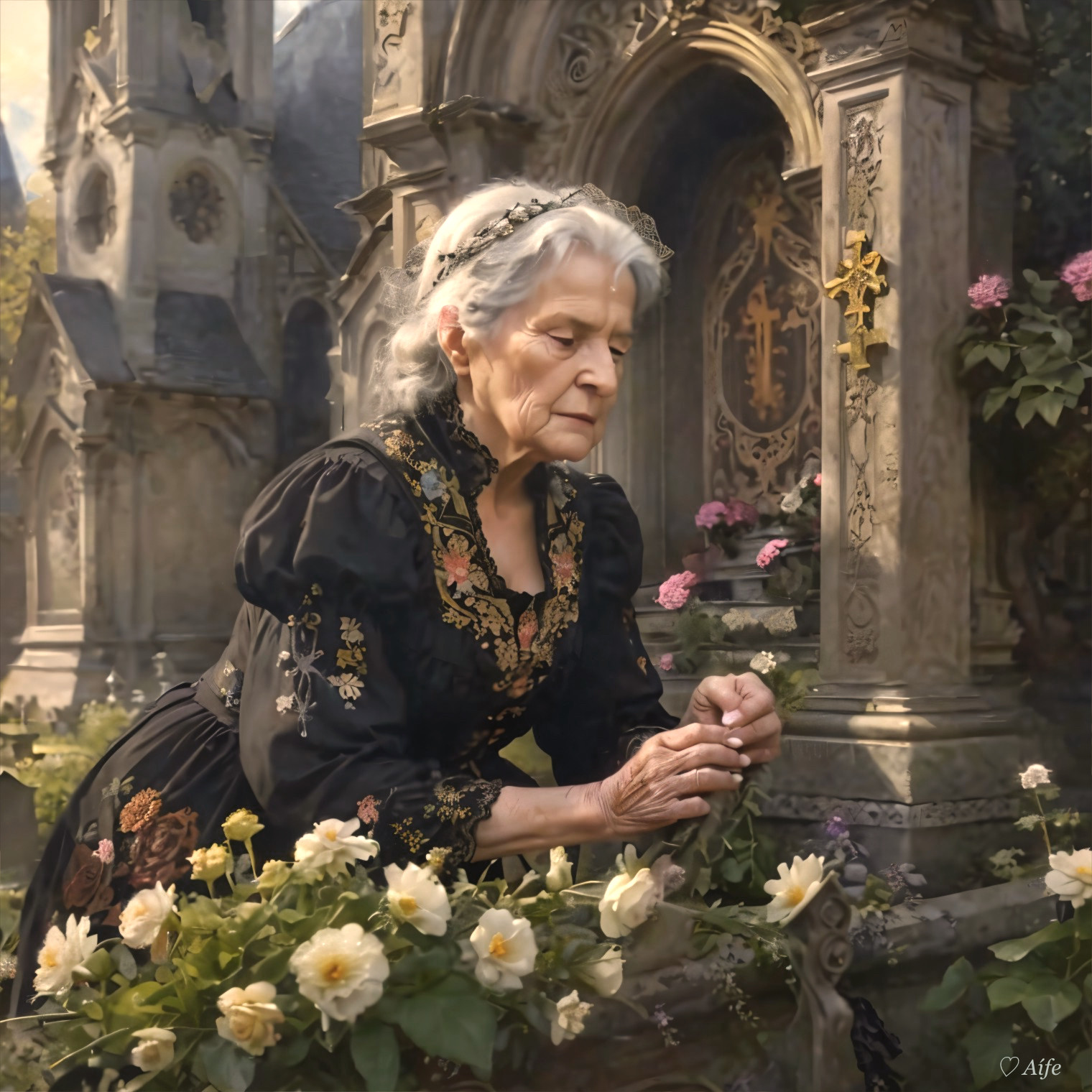 Elderly Woman in Floral Gown in Serene Garden Setting